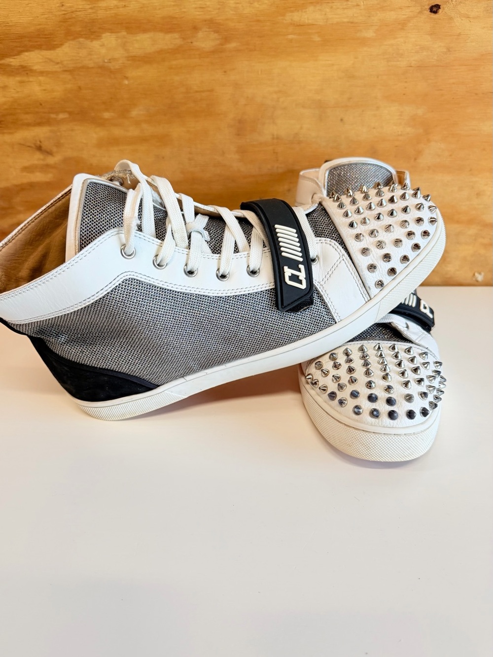 Christian Louboutin White, Gray and Black Spike-Embellished High-Top Sneakers